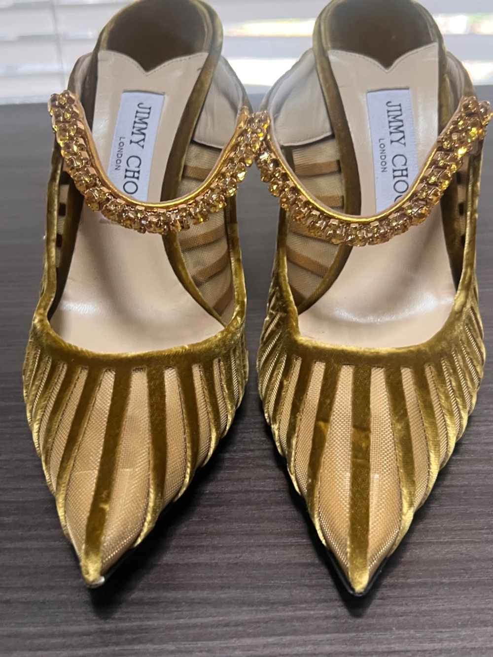 Jimmy Choo Bing 100 Mule Crystal Green Velvet and Mesh Heels, Women's Size 39.5 - Picture 9 of 13